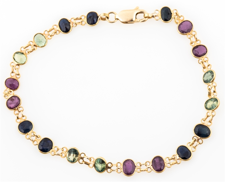 14K YELLOW GOLD RUBY, SAPPHIRE, & CHRYSOBERYL BRACELET