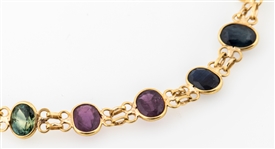 14K YELLOW GOLD RUBY, SAPPHIRE, & CHRYSOBERYL BRACELET
