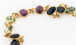 14K YELLOW GOLD RUBY, SAPPHIRE, & CHRYSOBERYL BRACELET