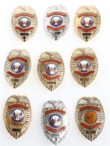 PROFESSIONAL FIREFIGHTER BADGES LOT OF NINE