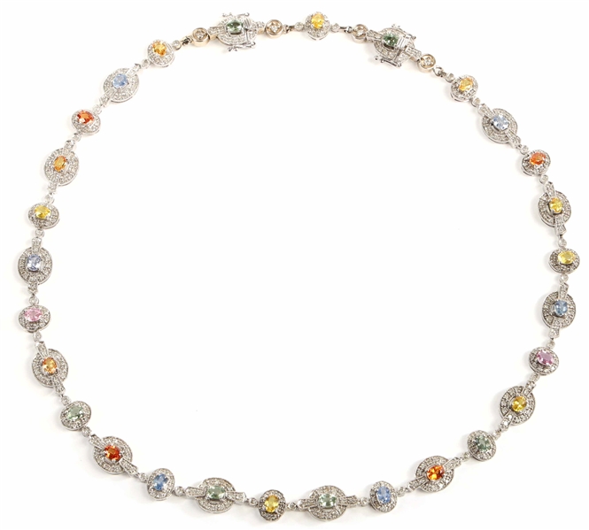 14K WHITE GOLD DIAMOND & MULTI-COLOR SAPPHIRE NECKLACE