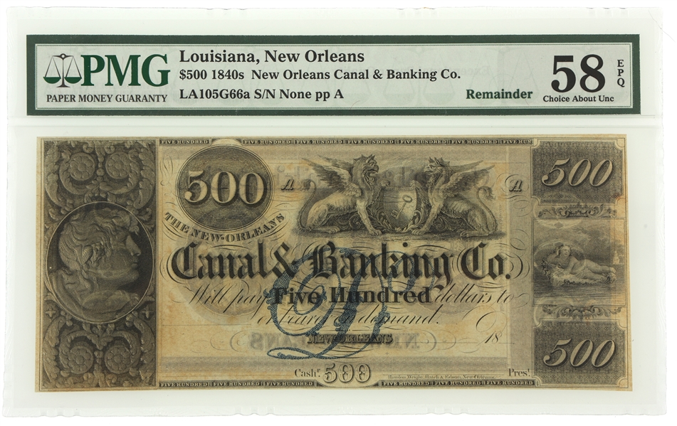 1840s NEW ORLEANS CANAL & BANKING CO BANKNOTE PMG