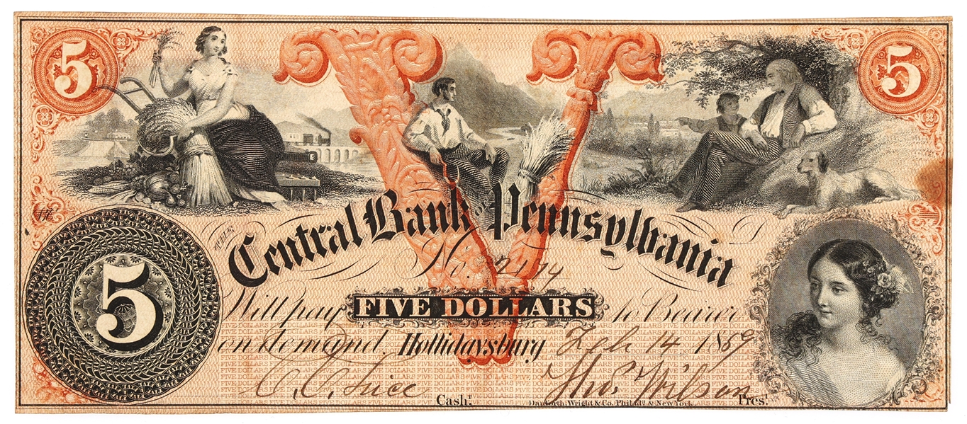 1859 $5 CENTRAL BANK OF PENNSYLVANIA OBSOLETE BANKNOTE