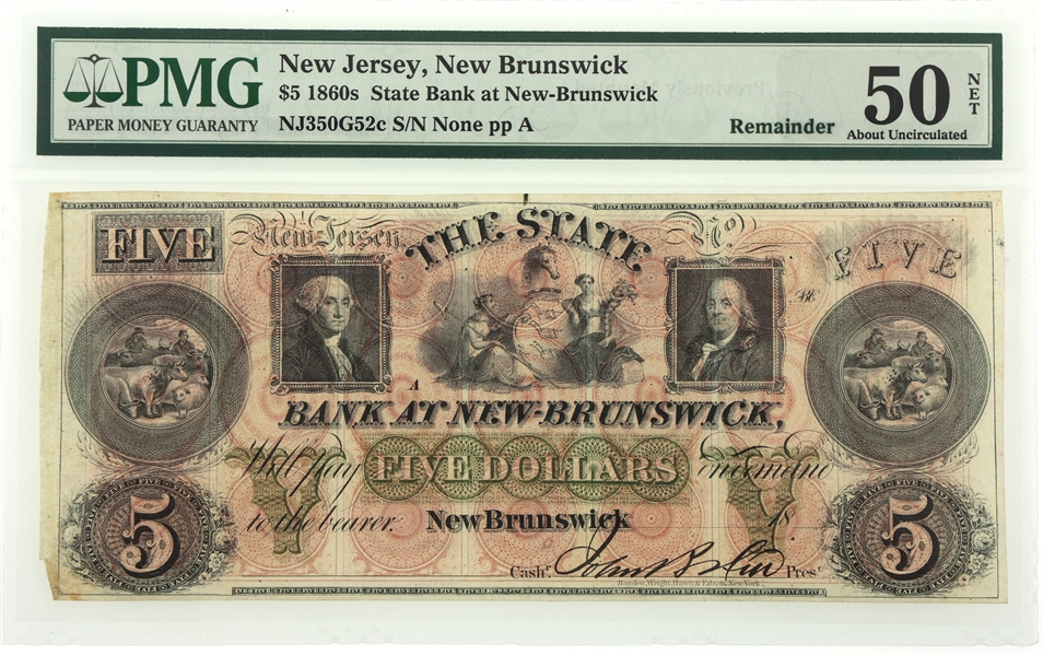 1860s $5 NJ STATE BANK AT NEW BRUNSWICK BANKNOTE PMG