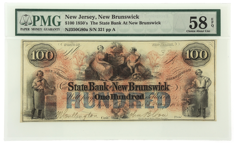 1862 $100 NJ STATE BANK AT NEW BRUNSWICK BANKNOTE PMG