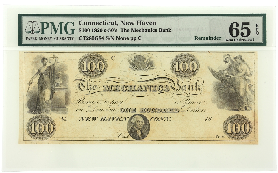 1820s - 1850s $100 CT MECHANICS BANK BANKNOTE PMG