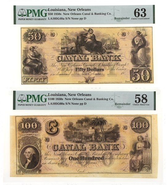 1850s $50 & $100 NEW ORLEANS CANAL & BANKING CO NOTES