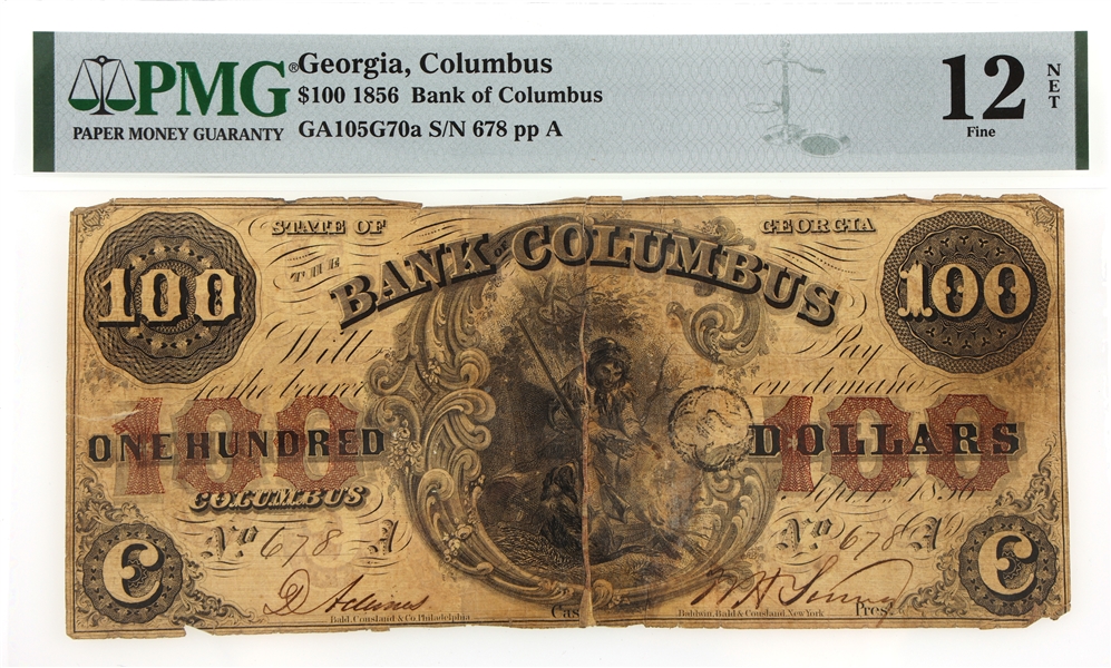 1856 $100 GEORGIA BANK OF COLUMBUS OBSOLETE NOTE PMG