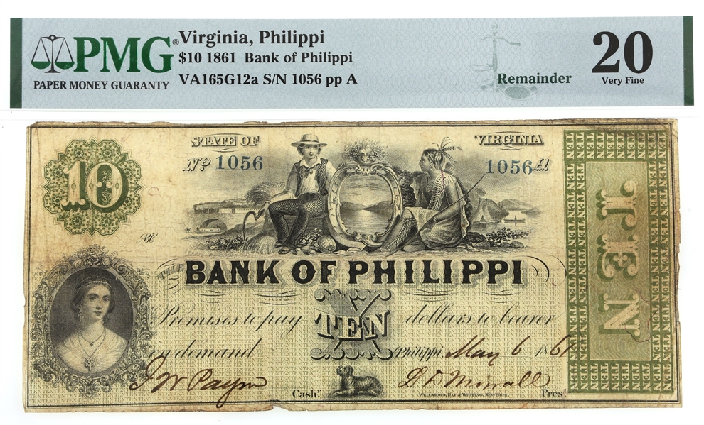 1861 $10 VIRGINIA BANK OF PHILIPPI BANKNOTE PMG GRADED