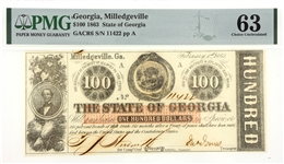 1863 $100 MILLEDGEVILLE STATE OF GEORGIA BANKNOTE PMG