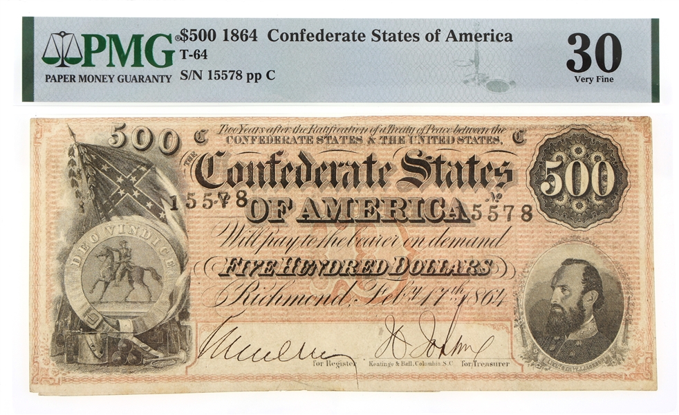 1864 $500 CONFEDERATE STATES OF AMERICA BANKNOTE PMG