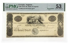1810s - 30s $100 GEORGIA BANK OF AUGUSTA BANKNOTE PMG