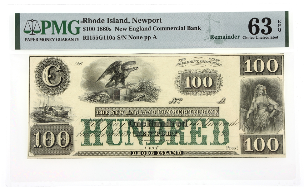 1860s $100 RI NEW ENGLAND COMMERCIAL BANK NOTE PMG