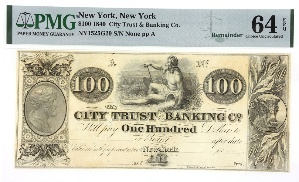 1840 $100 NEW YORK CITY TRUST & BANKING CO. NOTE PMG