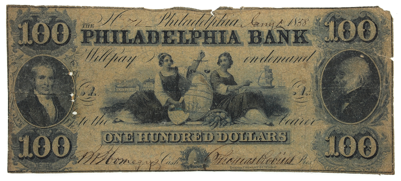 1858 $100 PENNSYLVANIA PHILADELPHIA BANK NOTE