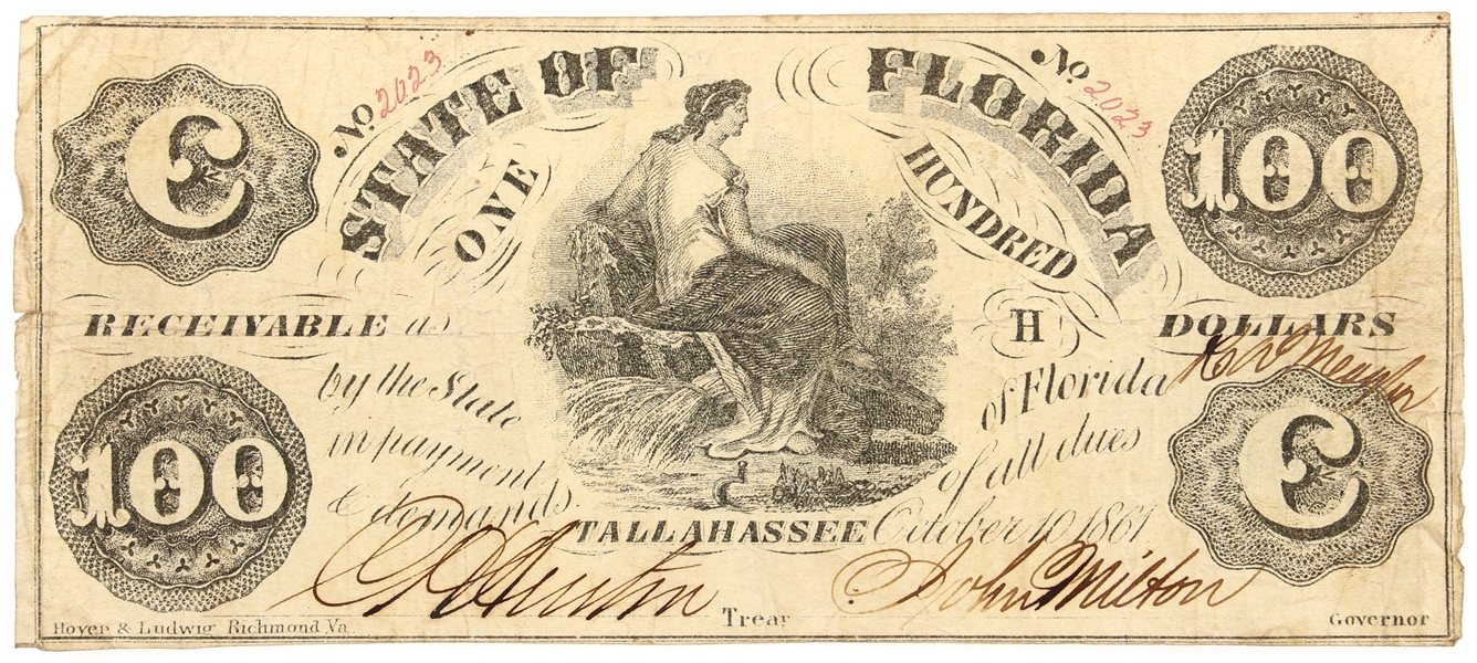 1861 $100 STATE OF FLORIDA TALLAHASSEE BANKNOTE