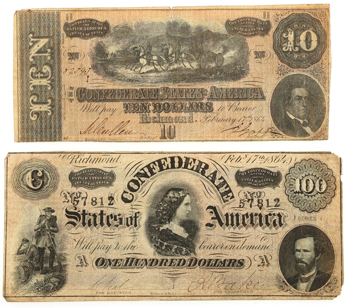 1864 $10 $100 CONFEDERATE STATES OBSOLETE BANKNOTES