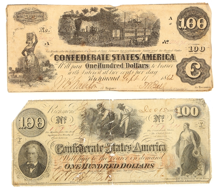 1862 $100 CONFEDERATE STATES OBSOLETE BANKNOTES 