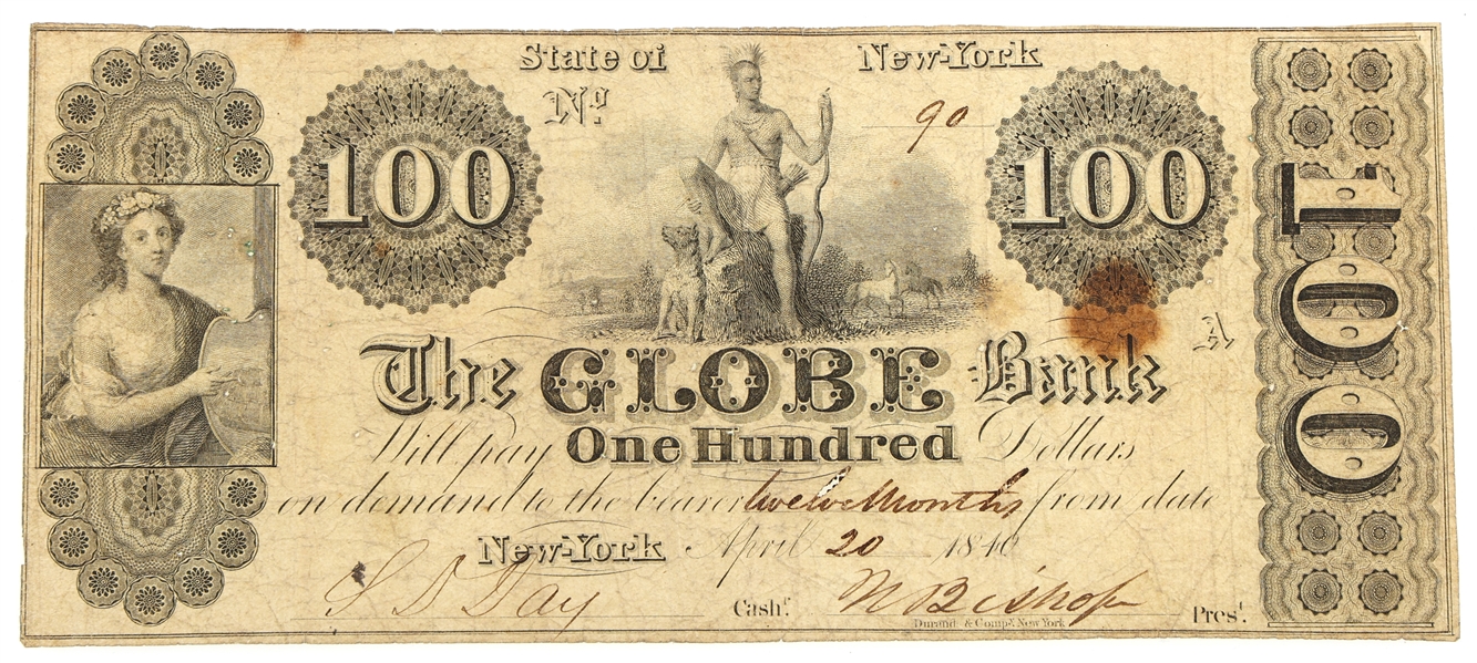 1840 $100 NEW YORK GLOBE BANK OBSOLETE BANKNOTE