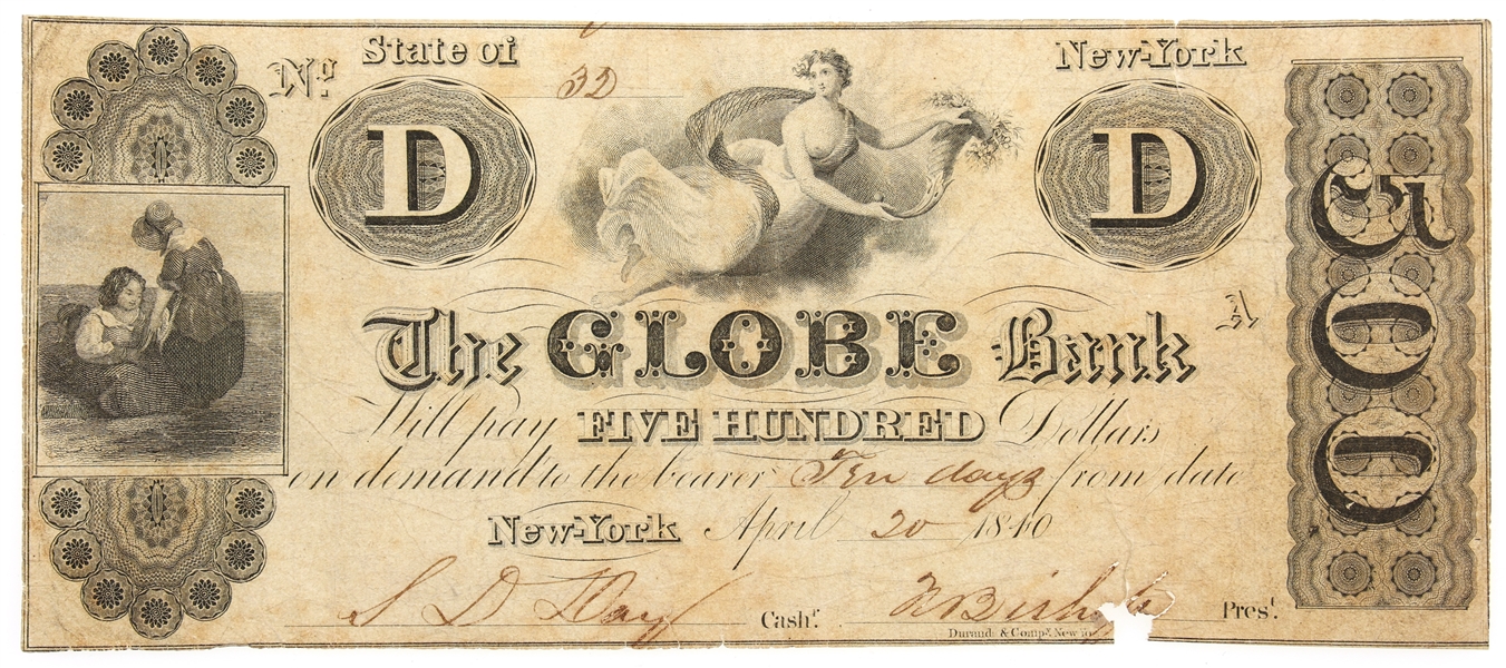 1840 $500 NEW YORK GLOBE BANK OBSOLETE BANKNOTE