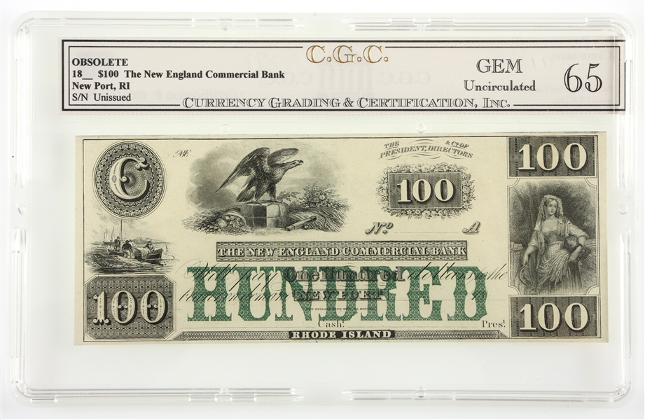 1800s $100 NEW ENGLAND COMMERCIAL BANKNOTE CGC GRADED