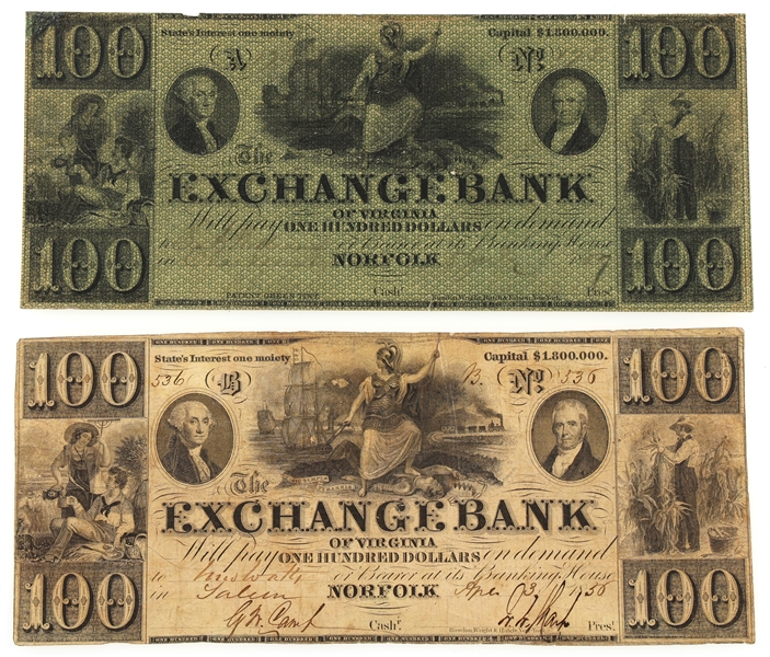 1850s $100 NORFOLK VA EXCHANGE BANK OBSOLETE NOTES
