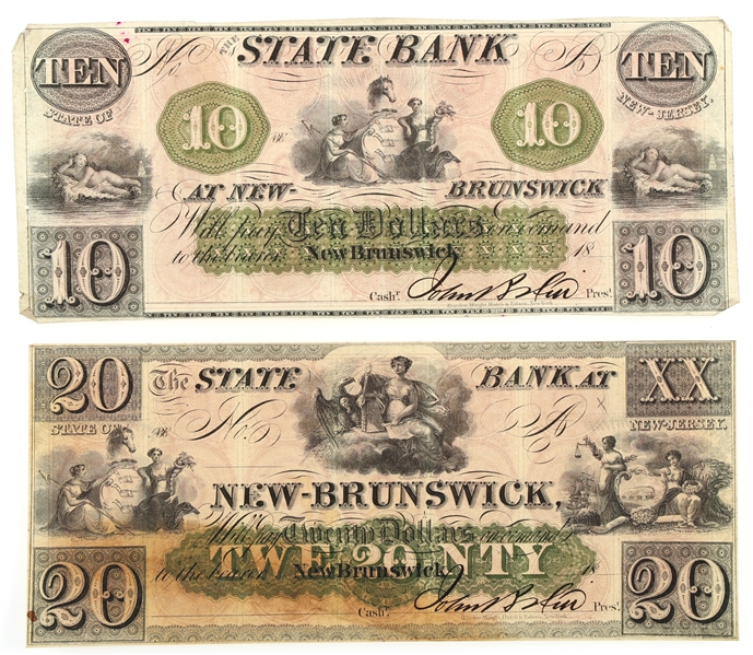 1800s $10 $20 NJ STATE BANK AT NEW-BRUNSWICK NOTES