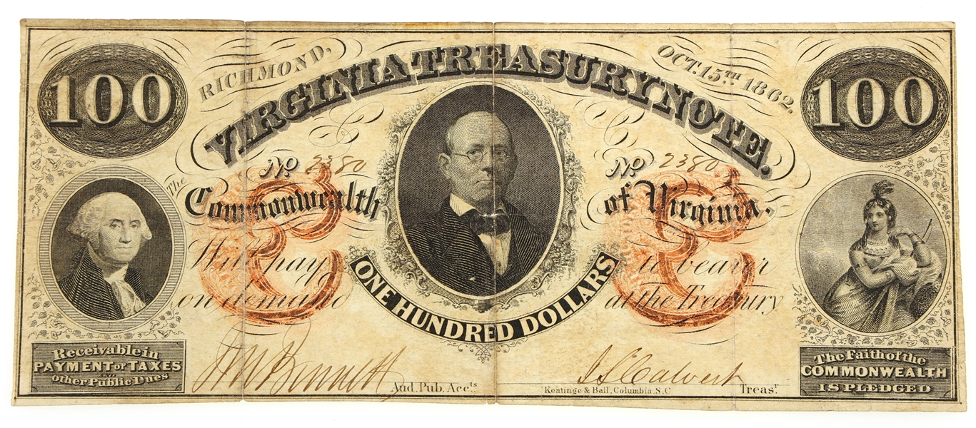 1862 $100 RICHMOND VIRGINIA TREASURY NOTE 