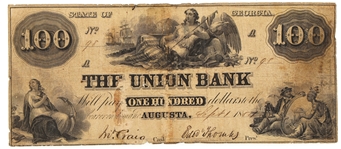 1854 $100 AUGUSTA GA UNION BANK NOTE SERIAL NO. 98