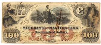 1856 $100 GA MERCHANTS & PLANTERS BANK OBSOLETE NOTE