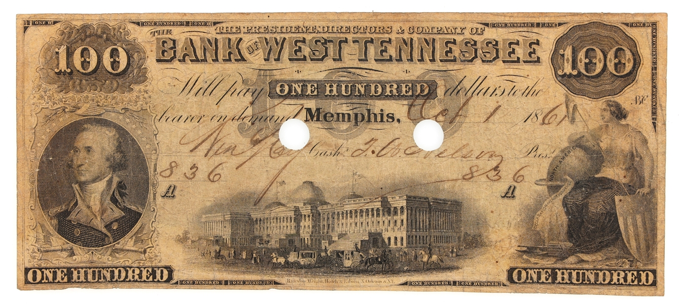 1861 $100 MEMPHIS BANK OF WEST TENNESSEE OBSOLETE NOTE