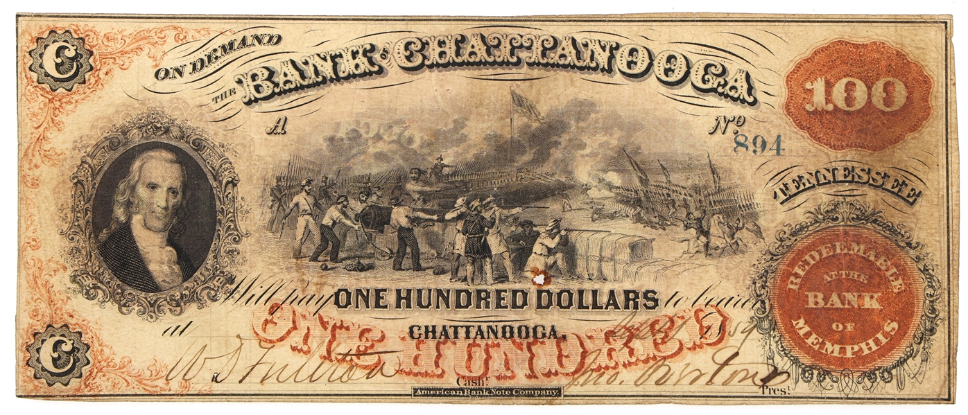 1859 $100 TN BANK OF CHATTANOOGA OBSOLETE BANKNOTE