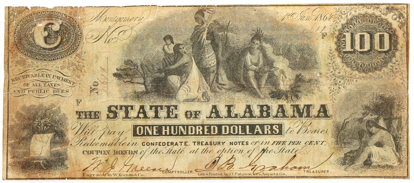 1864 $100 MONTGOMERY STATE OF ALABAMA OBSOLETE NOTE