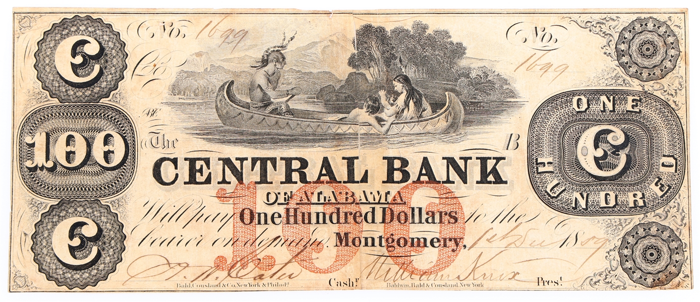 1859 $100 MONTGOMERY CENTRAL BANK OF ALABAMA NOTE