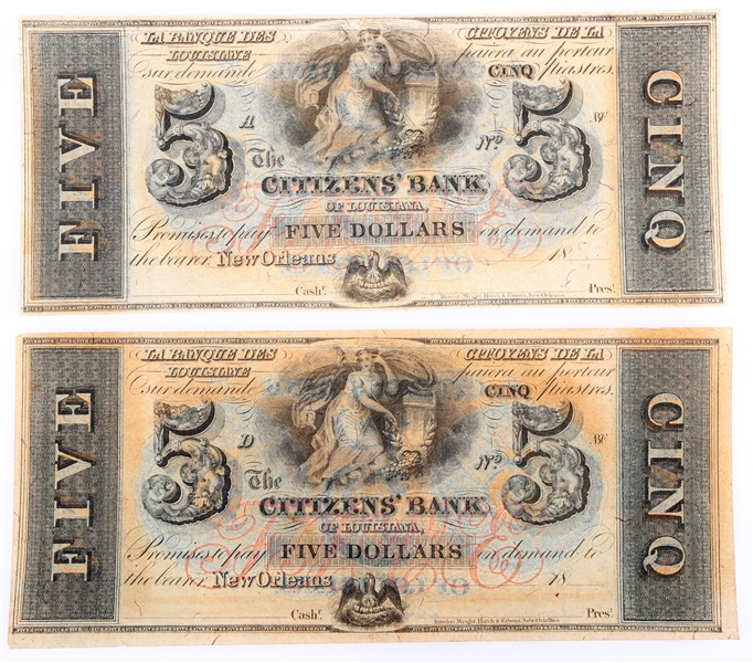 1800s $5 CITIZENS BANK OF LOUISIANA REMAINDER NOTES
