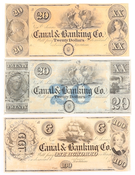 1800s $20 $100 NEW ORLEANS LA CANAL & BANKING CO NOTES