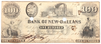 1862 $100 LOUISIANA BANK OF NEW ORLEANS OBSOLETE NOTE