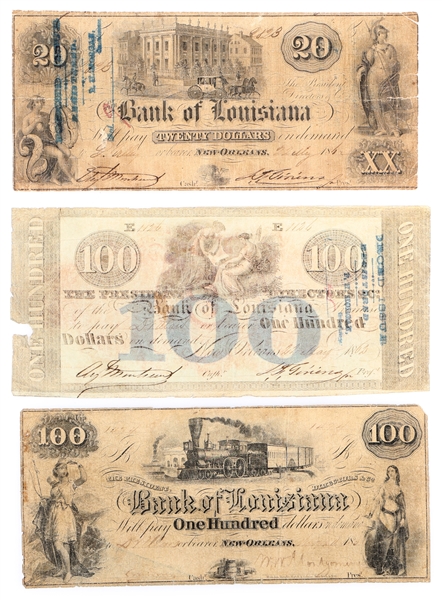 1800s $20 $100 BANK OF LOUISIANA OBSOLETE BANKNOTES