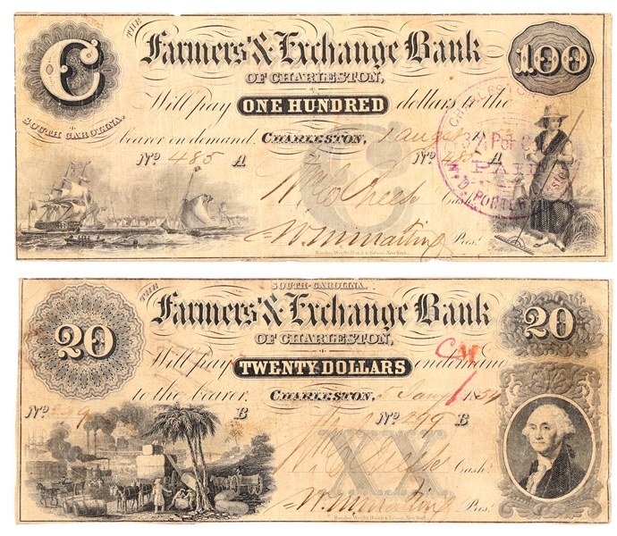 1850s $20 $100 CHARLESTON FARMERS & EXCHANGE BANK NOTES