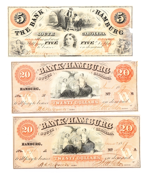 1850s-60s SOUTH CAROLINA BANK OF HAMBURG BANKNOTES