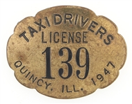 1947 QUINCY ILLINOIS TAXI DRIVERS LICENSE BADGE NO. 139