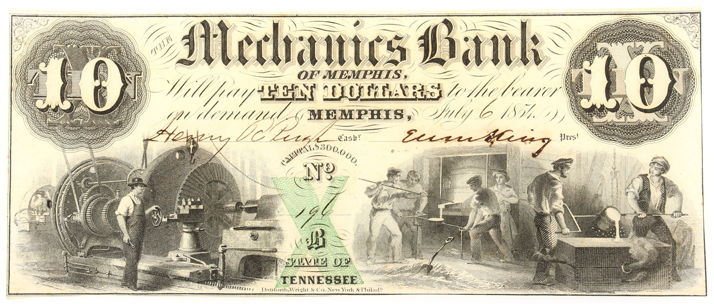 1854 $10 MEMPHIS TN MECHANICS BANK OBSOLETE BANKNOTE