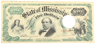 1870 $5 JACKSON STATE OF MISSISSIPPI OBSOLETE BANKNOTE