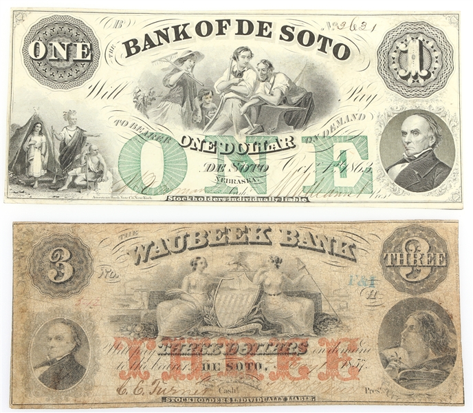 1850s-60s $1 $3 DE SOTO, NEBRASKA OBSOLETE BANKNOTES
