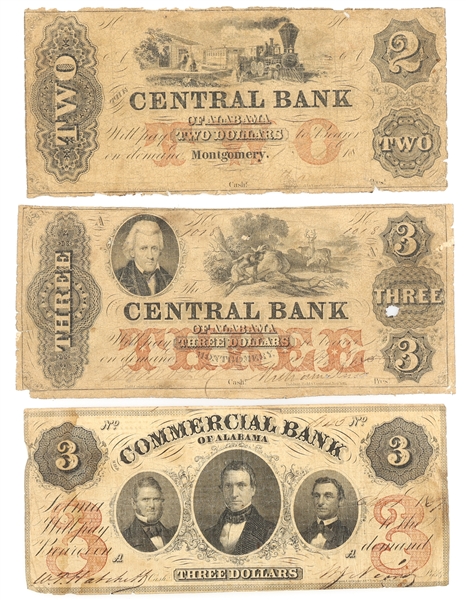 1800s ALABAMA OBSOLETE $2 $3 BANKNOTES