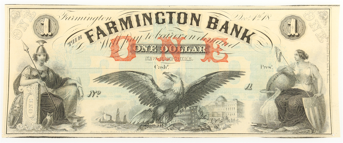 1800s $1 NEW HAMPSHIRE FARMINGTON BANK REMAINDER NOTE