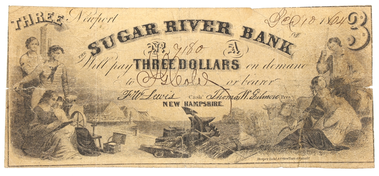 1864 $3 NEWPORT NH SUGAR RIVER BANK OBSOLETE BANKNOTE