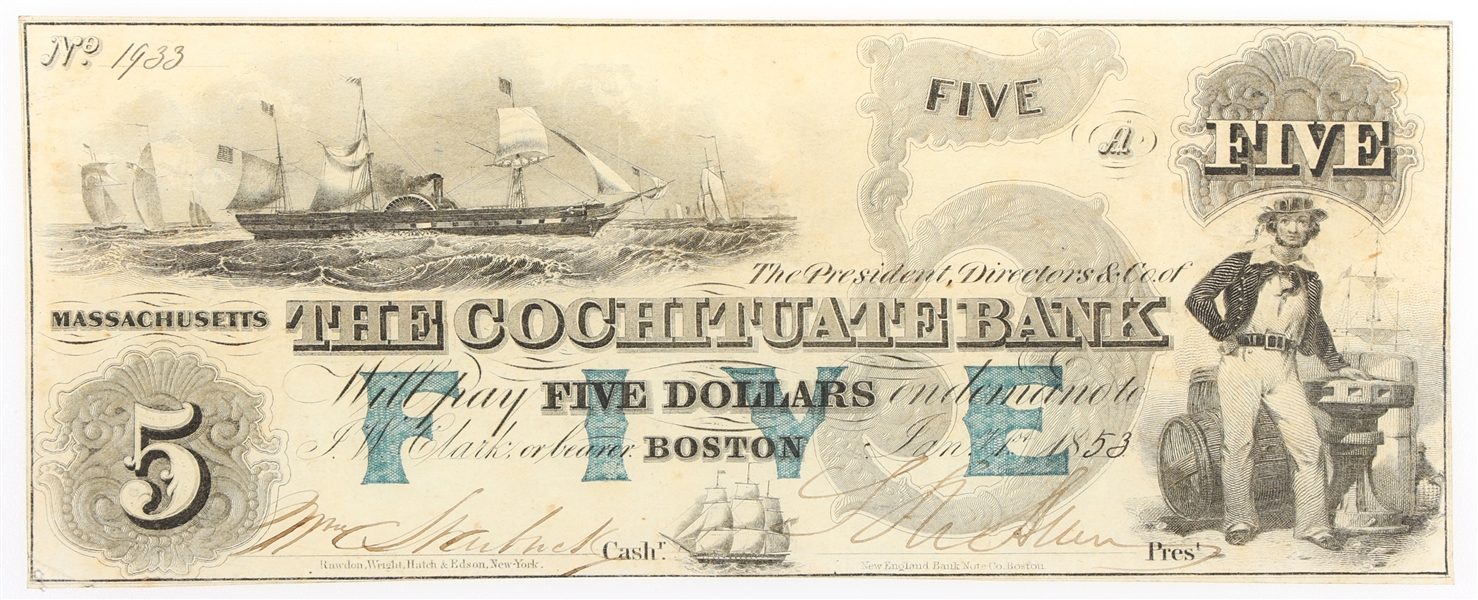 1853 $5 BOSTON MA COCHITUATE BANK OBSOLETE BANKNOTE