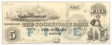 1853 $5 BOSTON MA COCHITUATE BANK OBSOLETE BANKNOTE