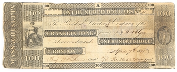 1835 $100 BOSTON MA FRANKLIN BANK OBSOLETE BANKNOTE